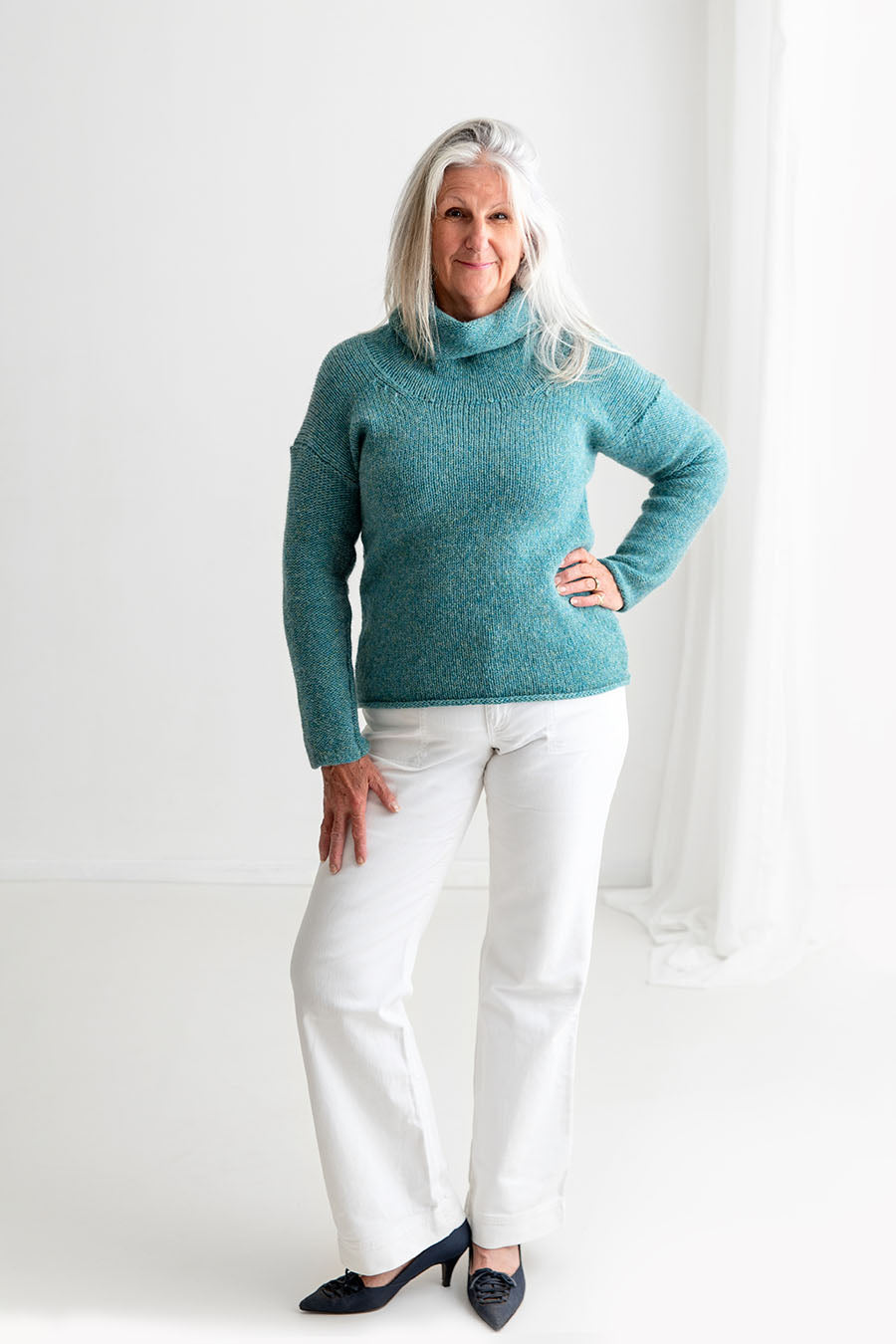 cowl neck wool jumper sweater chunky wool teal aqua