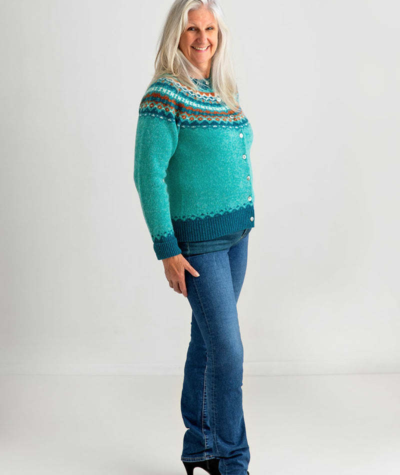 ladies fair isle cardigan sweater aqua wool shetland crathie