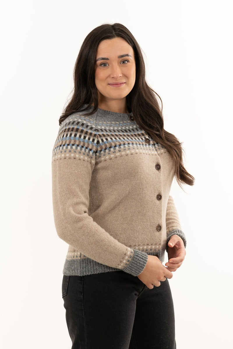 Ladies fair isle cardigan sweater sand beige wool blocks