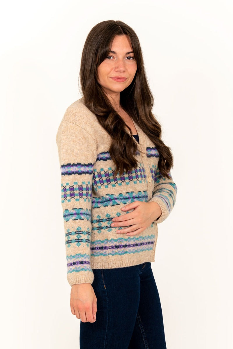 ladies fair isle cardigan v neck wheat purple craigievar