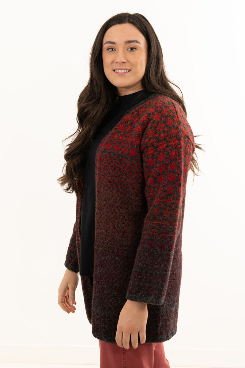 ladies fair isle long cardigan red grey kimono