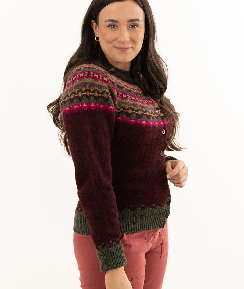 ladies fair isle wool cardigan sweater crathie burgundy