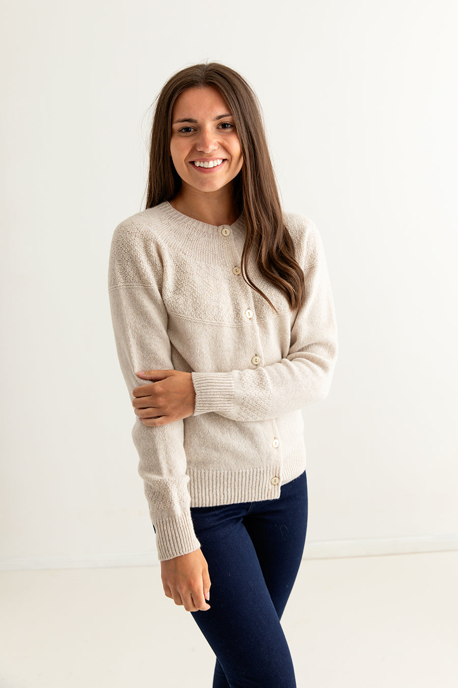 ladies lambs wool gansey guernsey cardigan fine geelong almond beige