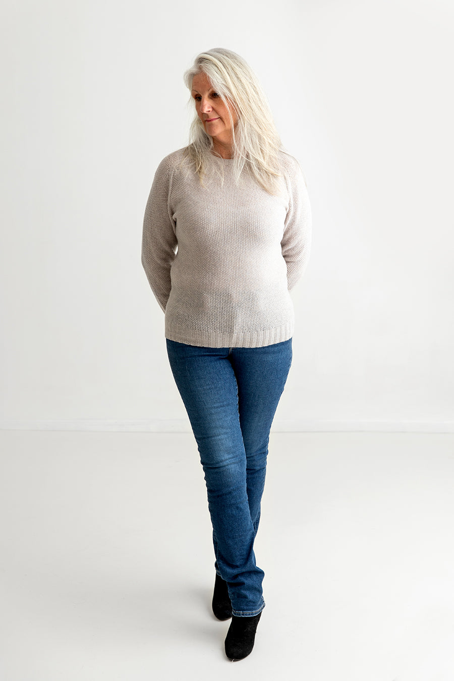 ladies light grey moss stitch jumper sweater fine lambs wool