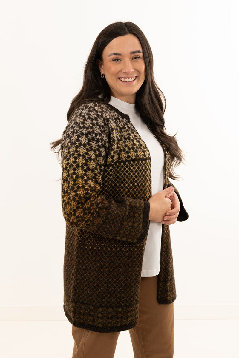 ladies long fair isle cardigan kimono coatigan yellow brown wool