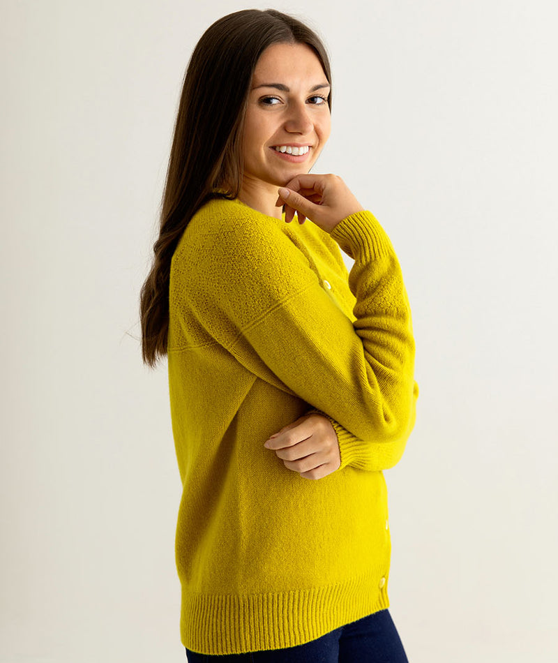 ladies yellow gansey guernsey cardigan mustard fine geelong lambswool side