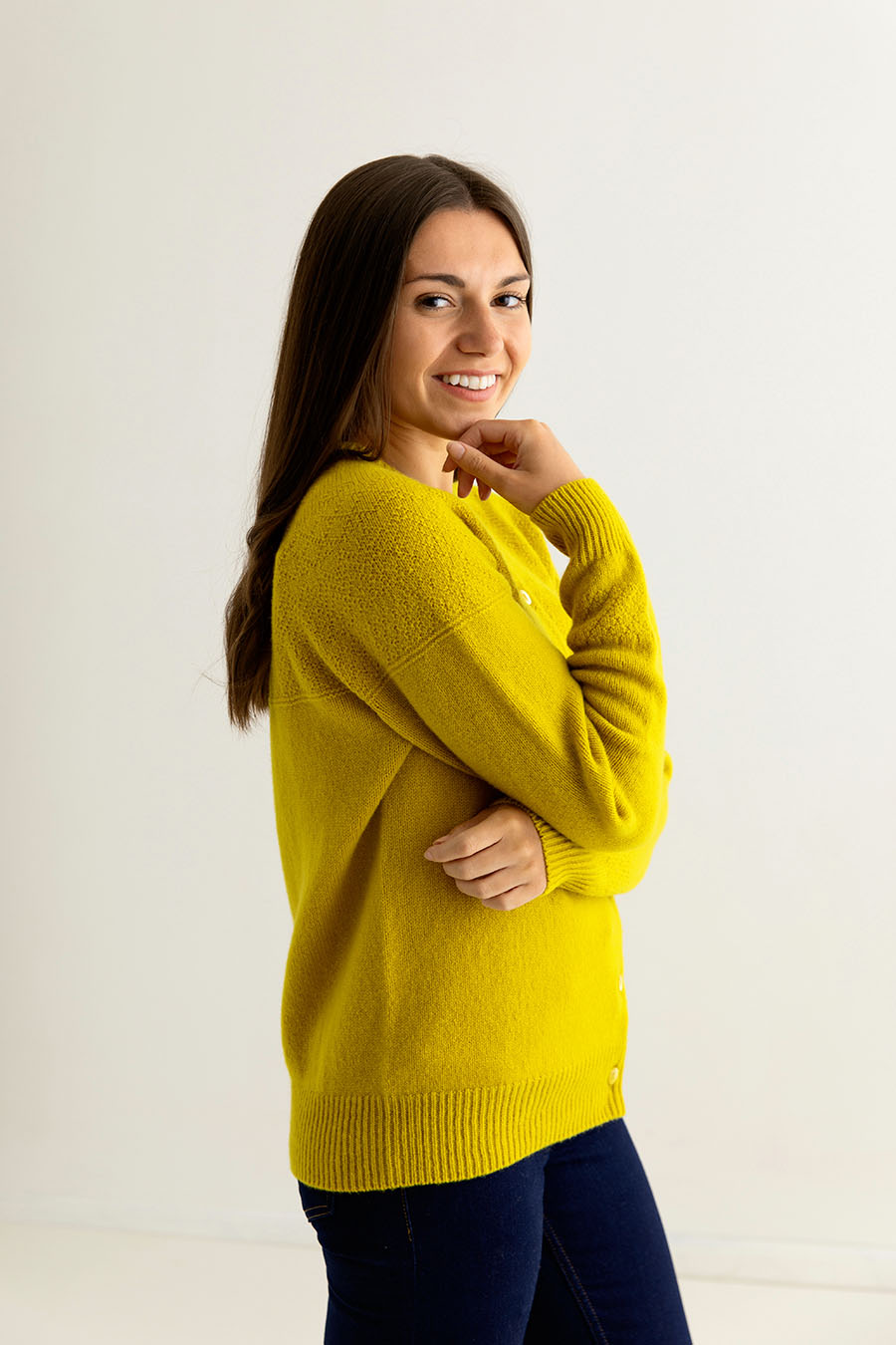 ladies yellow gansey guernsey cardigan mustard fine geelong lambswool side