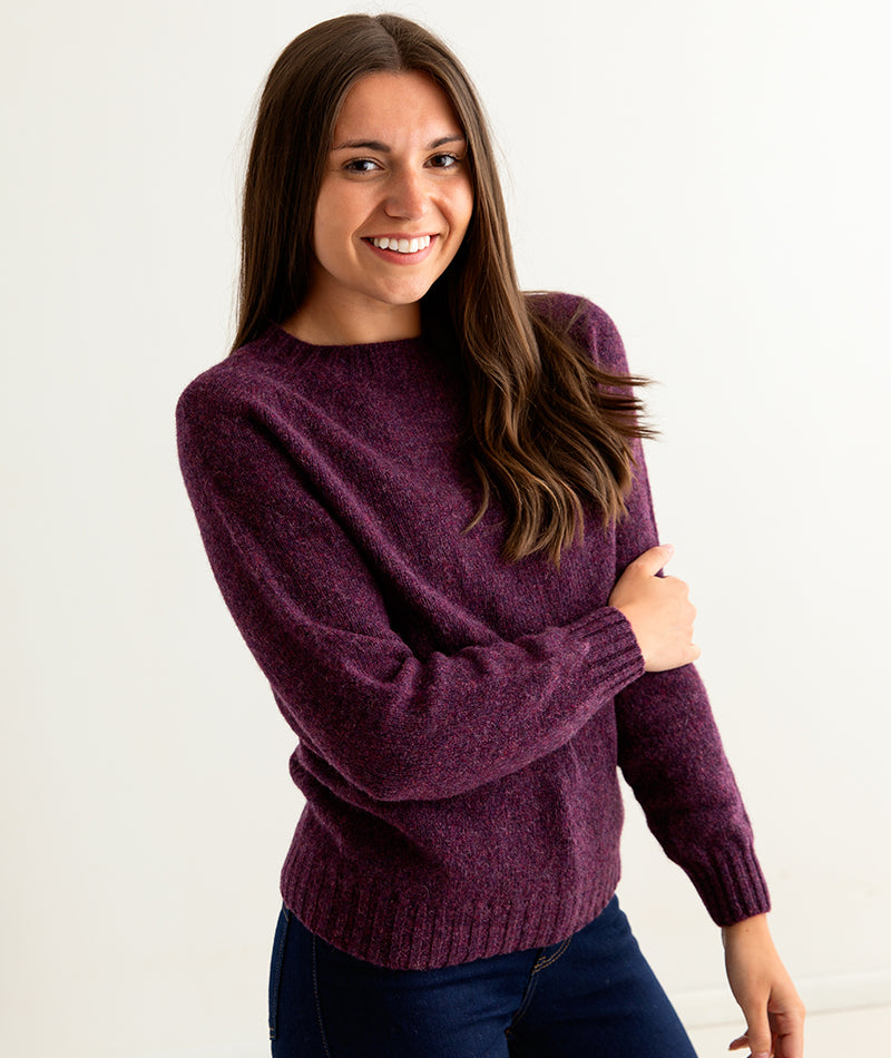 ladies shetland wool jumper sweater aubergine plum wine eggplant side