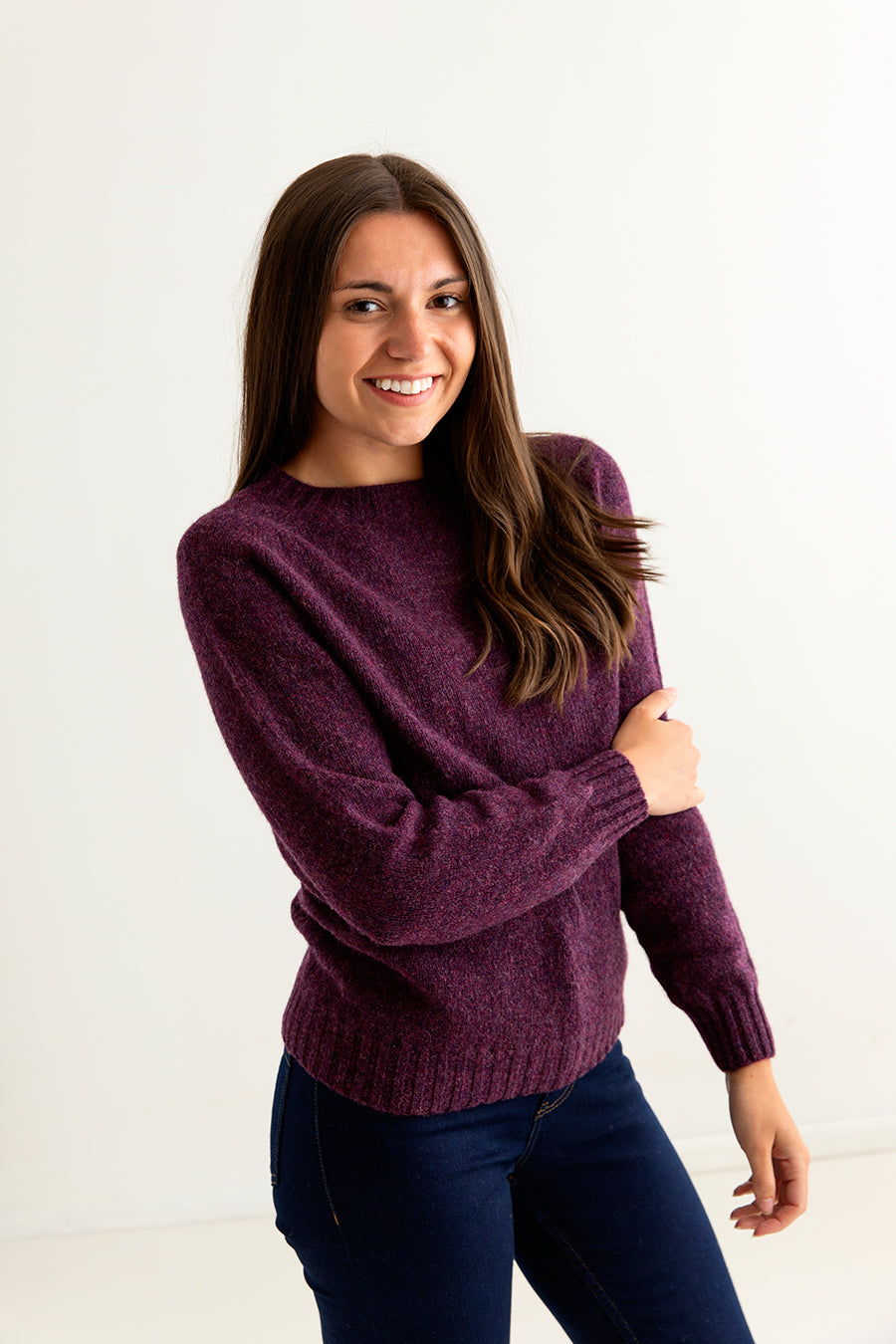 ladies shetland wool jumper sweater aubergine plum wine eggplant side