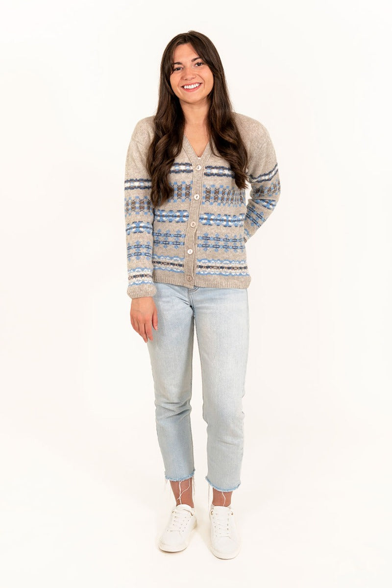 Ladies v neck fair isle cardigan beige blue wool craigievar