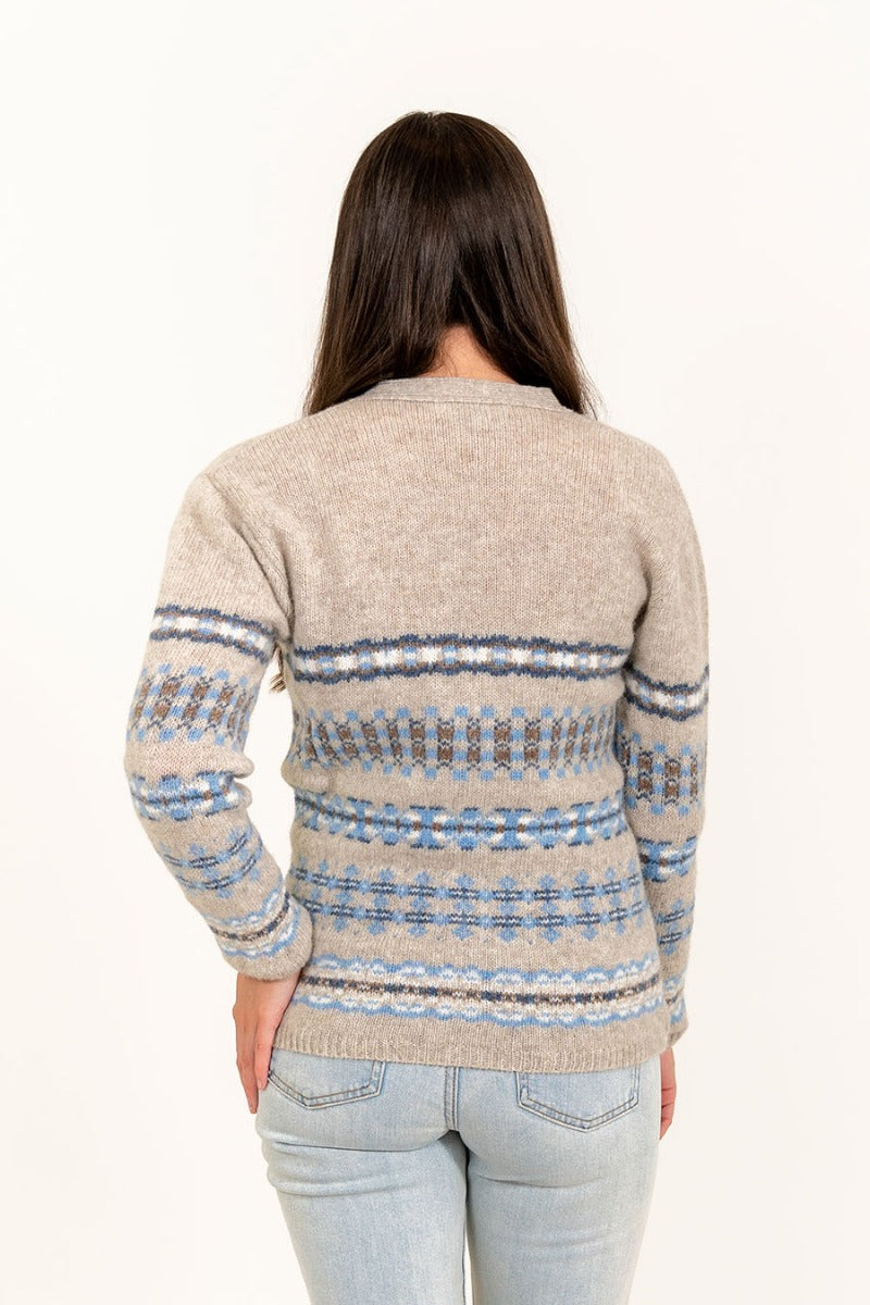 Ladies wool fairisle cardigan v neck beige blue craigievar