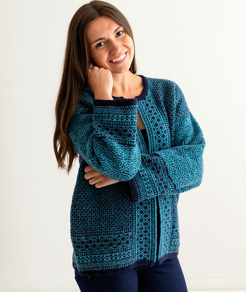 ladies fair isle coatigan kimono cardigan navy blue teal wool towie