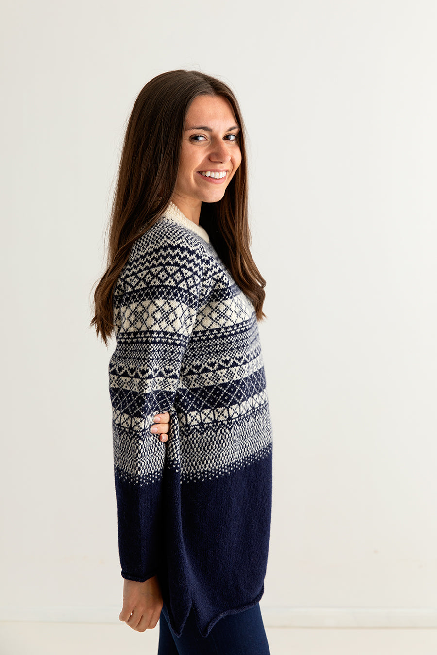ladies fairisle navy blue wool jumper tunic sweater womens lace side