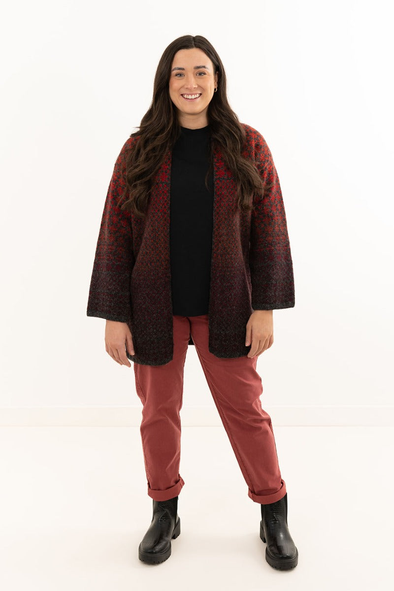 long fair isle cardigan red wool kimono coatigan