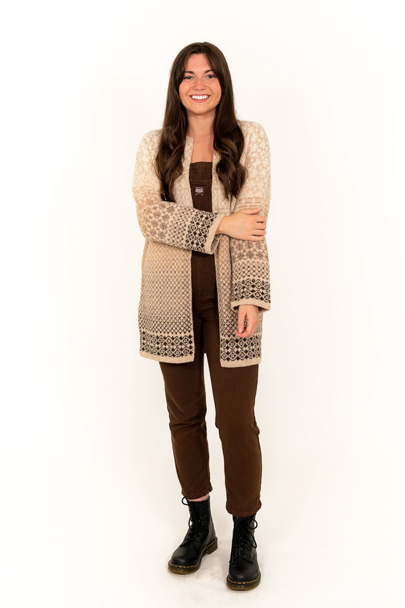 long wool kimono cardigan coatigan fairisle cream brown