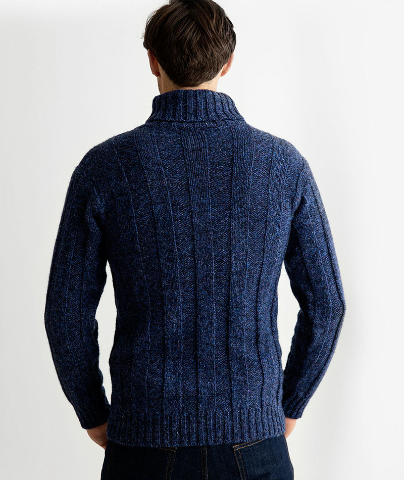 mens blue chunky wool ribbed polo neck jumper sweater back