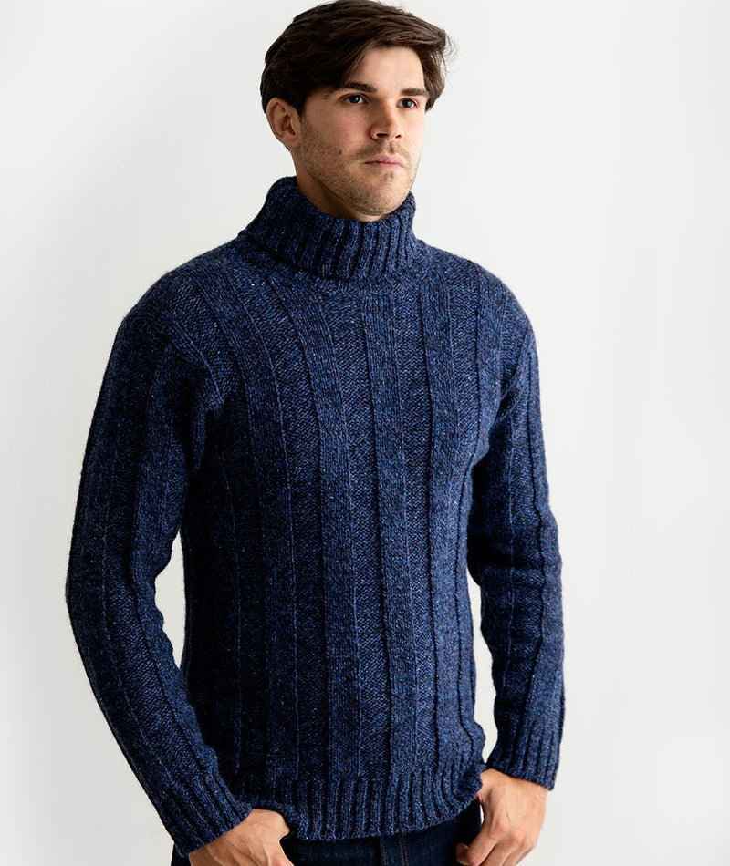 mens blue chunky wool ribbed polo neck jumper sweater