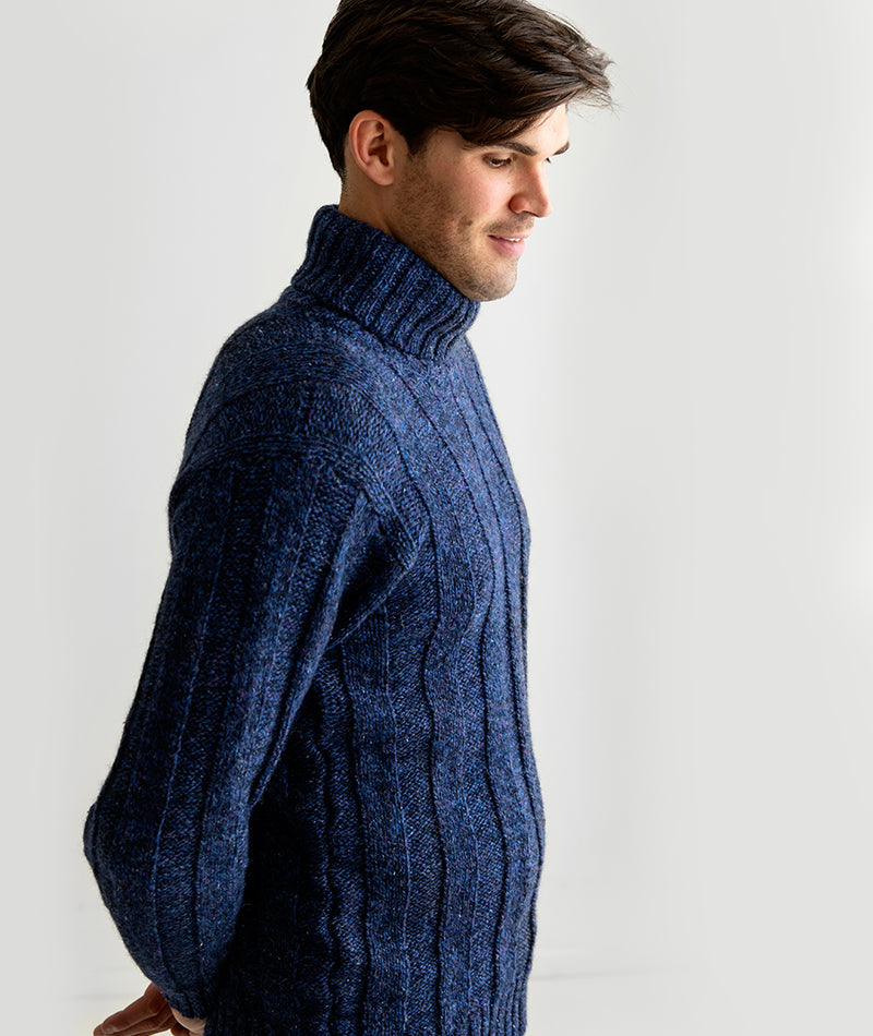 mens blue chunky wool ribbed polo neck jumper turtle sweater