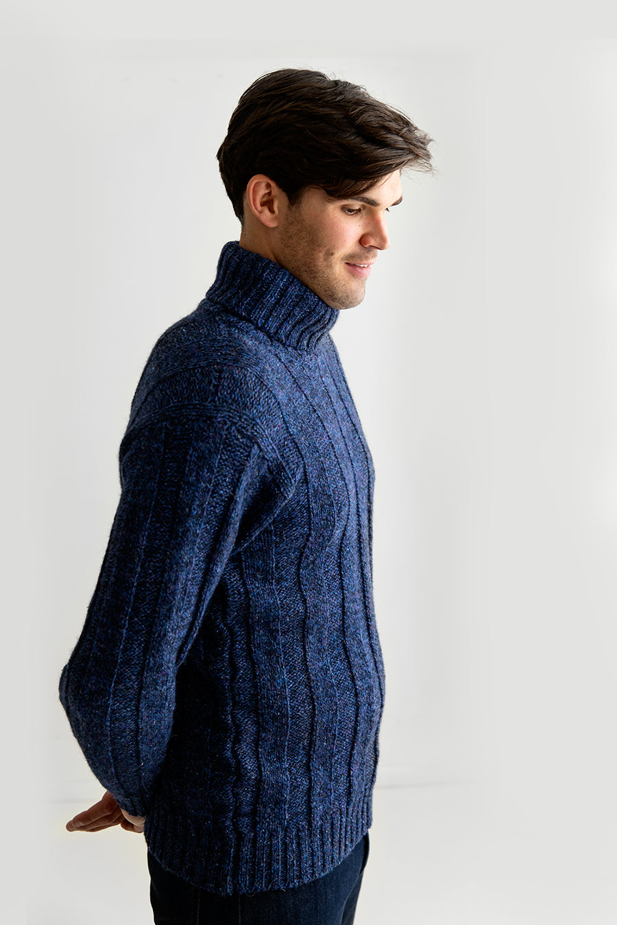 mens blue chunky wool ribbed polo neck jumper turtle sweater