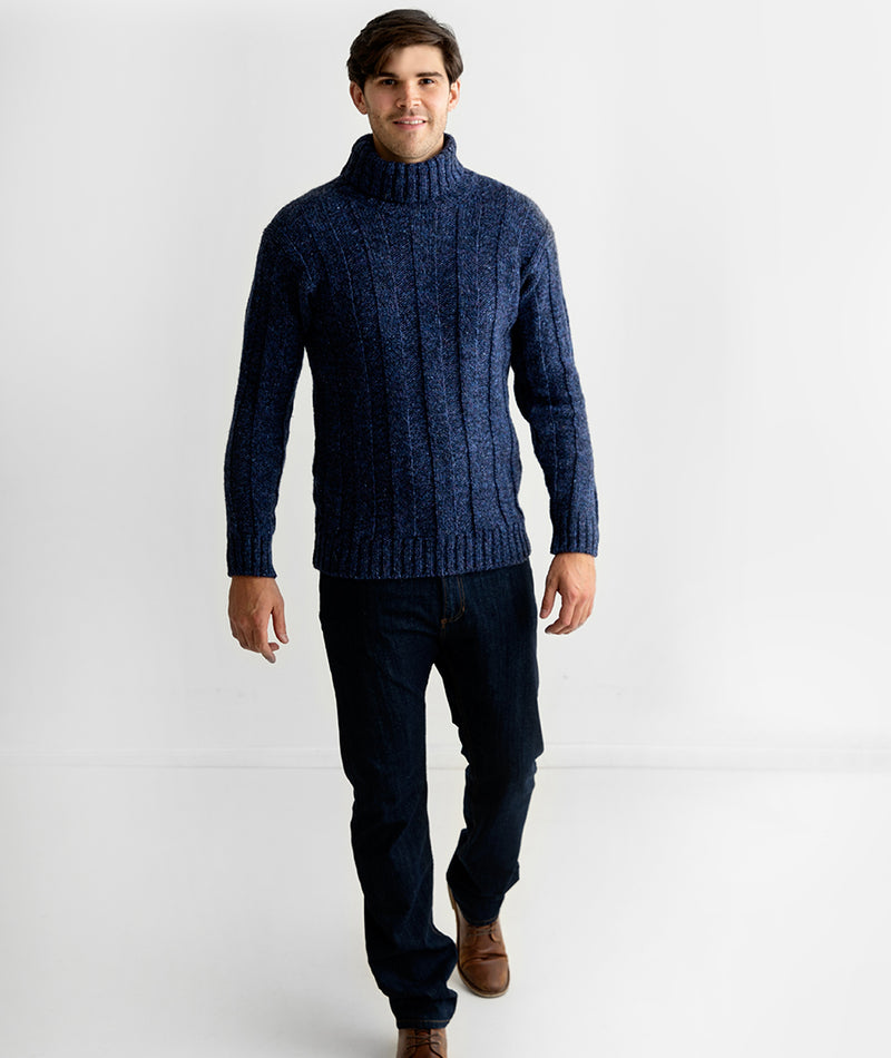 mens blue chunky wool ribbed polo turtle neck jumper sweater