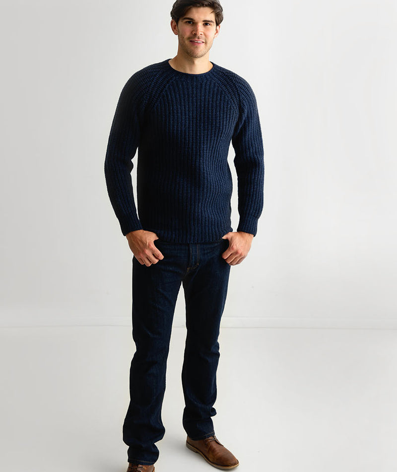 mens super fine lambs wool jumper sweater navy blue fisherman rib