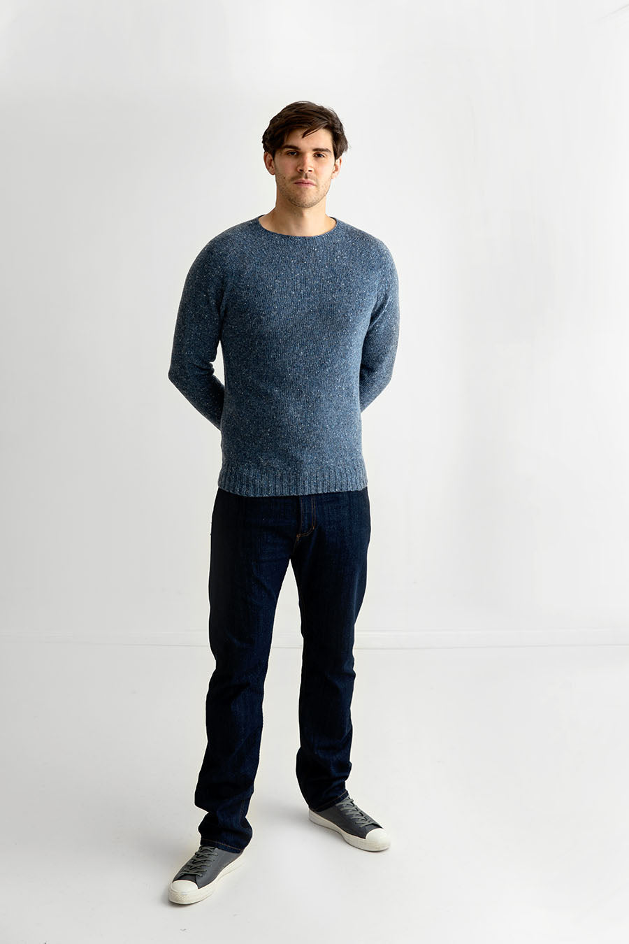 Mens Donegal merino wool saddle shoulder jumper denim blue