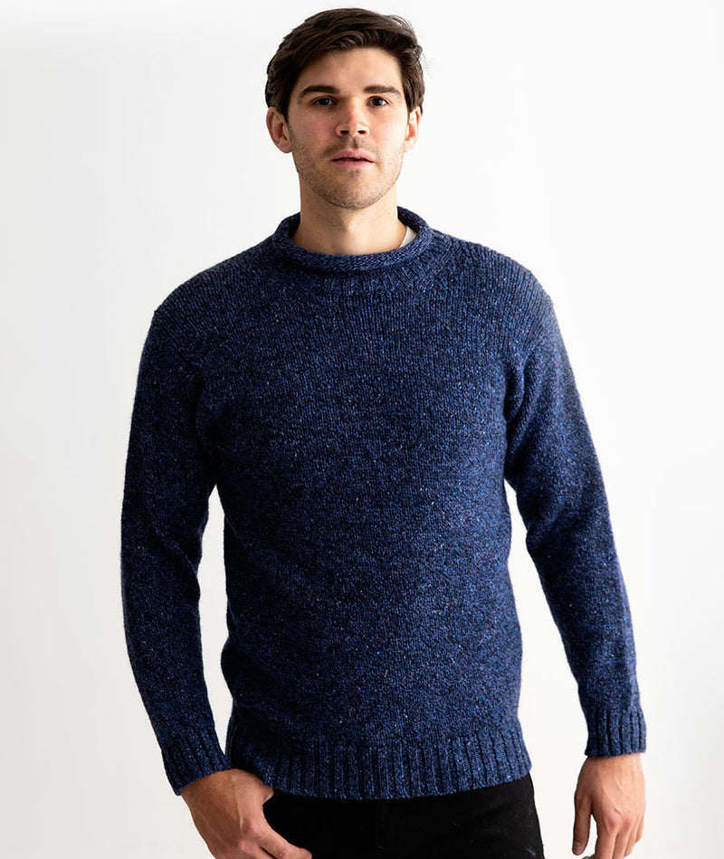 mens blue marl roll neck jumper sweater chunky wool
