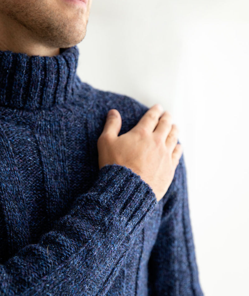 mens blue chunky scottish wool polo neck jumper sweater