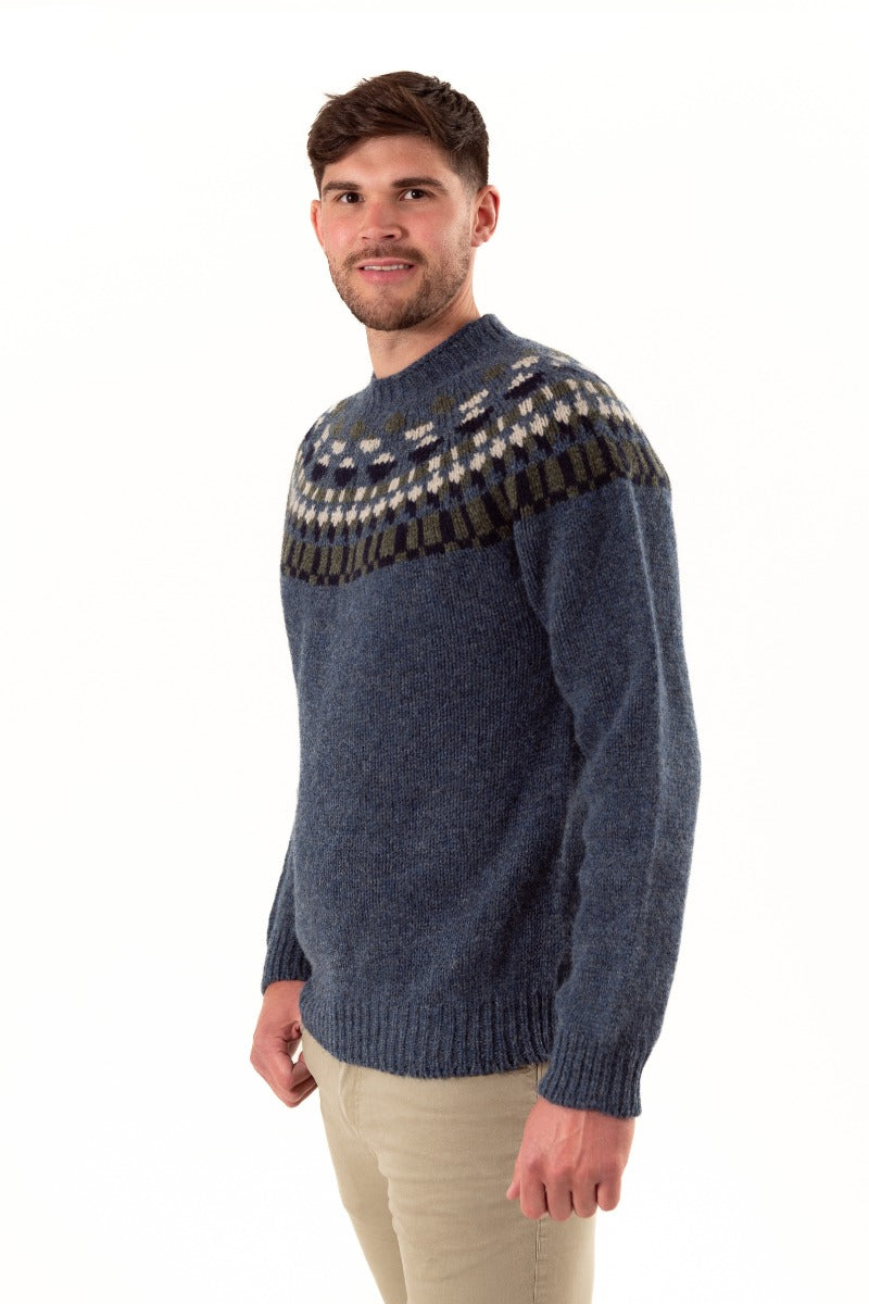 mens blue wool fair isle sweater staffa yoke denim