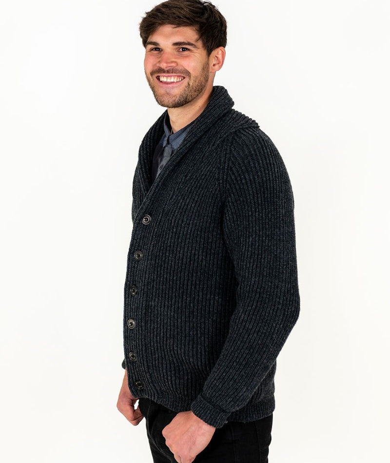 mens charcoal grey ribbed shawl collar cardigan wool