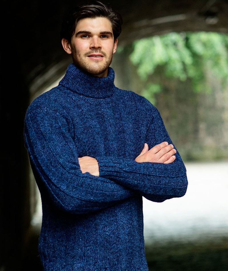 mens chunky blue wool polo neck jumper sweater scottish