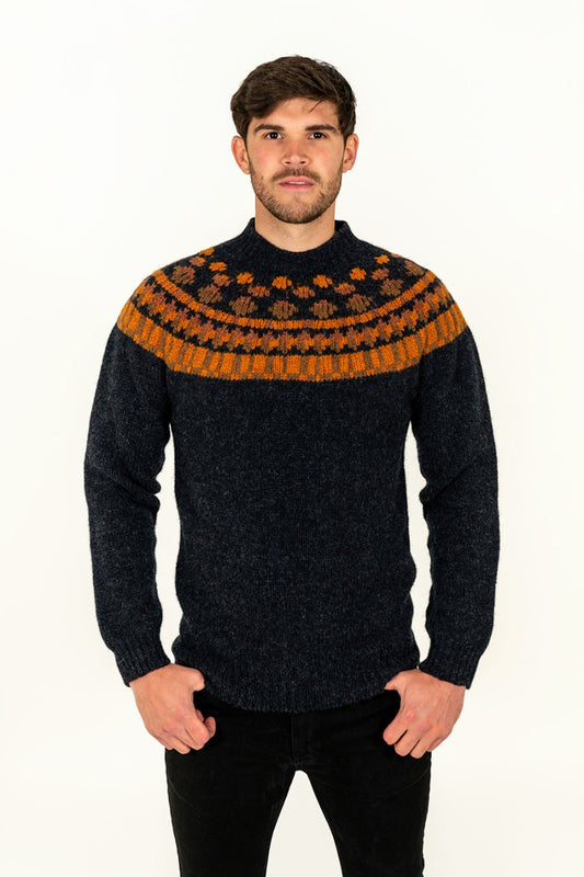 mens charcoal grey wool fair isle jumper sweater orange staffa yoke