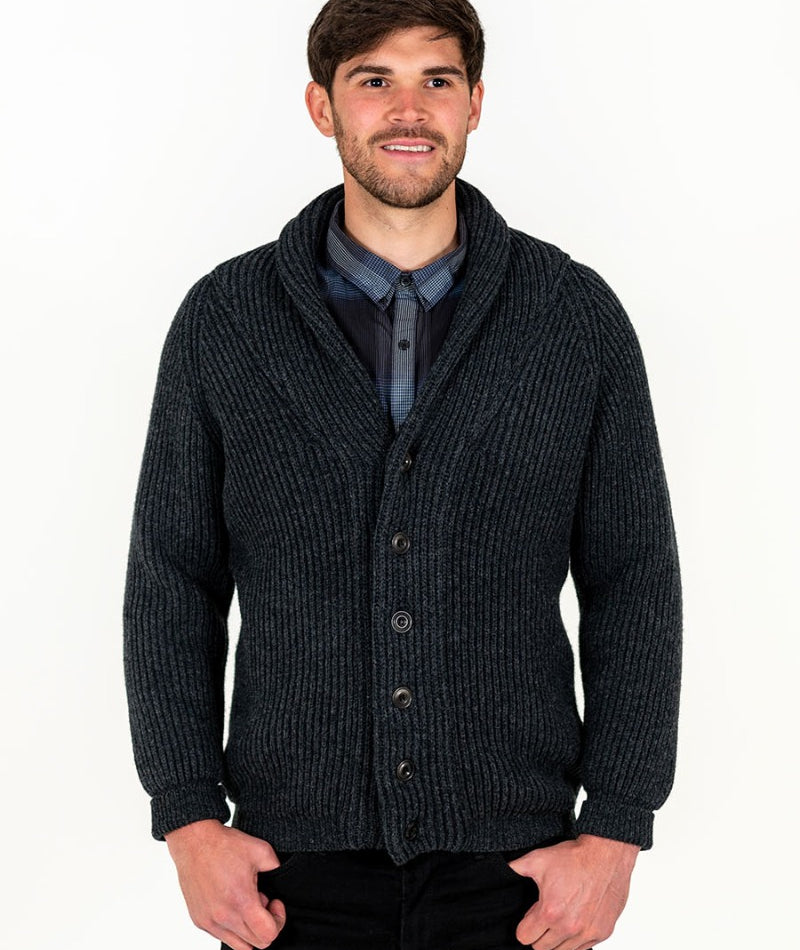 mens chunky wool shawl collar cardigan charcoal grey