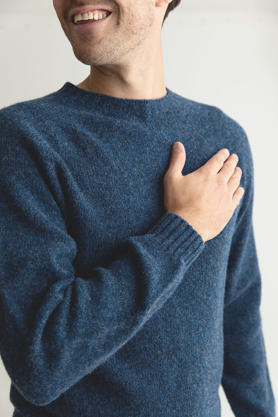 mens denim blue shetland wool sweater jumper saddle shoulder