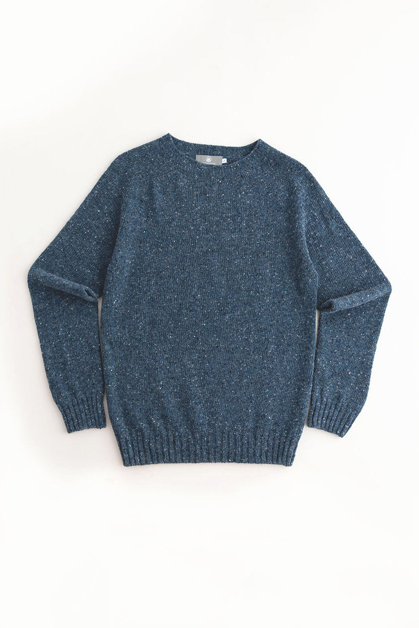 mens donegal blue merino wool jumper sweater saddle shoulder