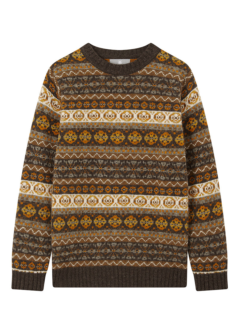 Patterned fair isle sweater with brown, orange, and beige colours on a white background