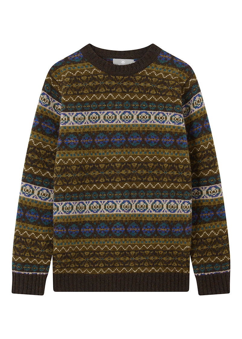 Mens olive brown fair isle sweater with a white background
