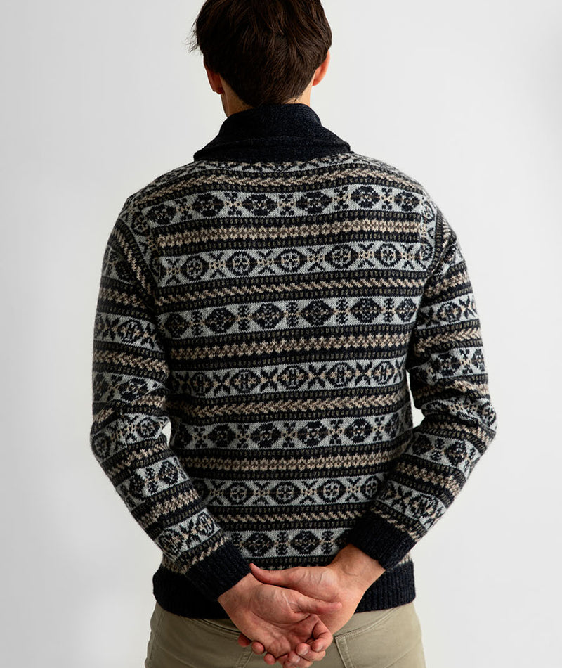 mens fair isle shawl collar jumper grey Lerwick