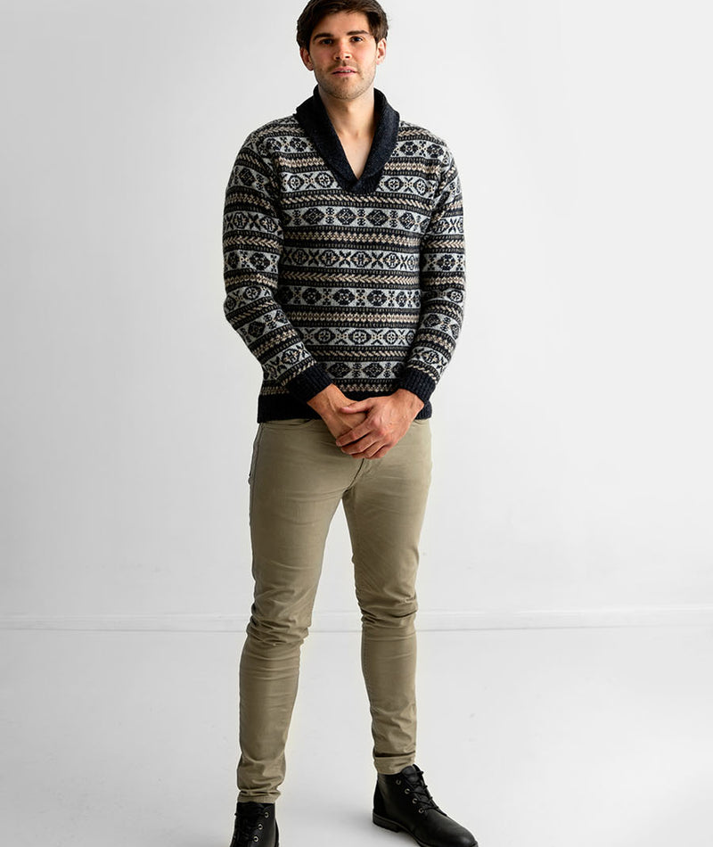 Mens shetland wool fair isle jumper sweater charcoal grey Lerwick