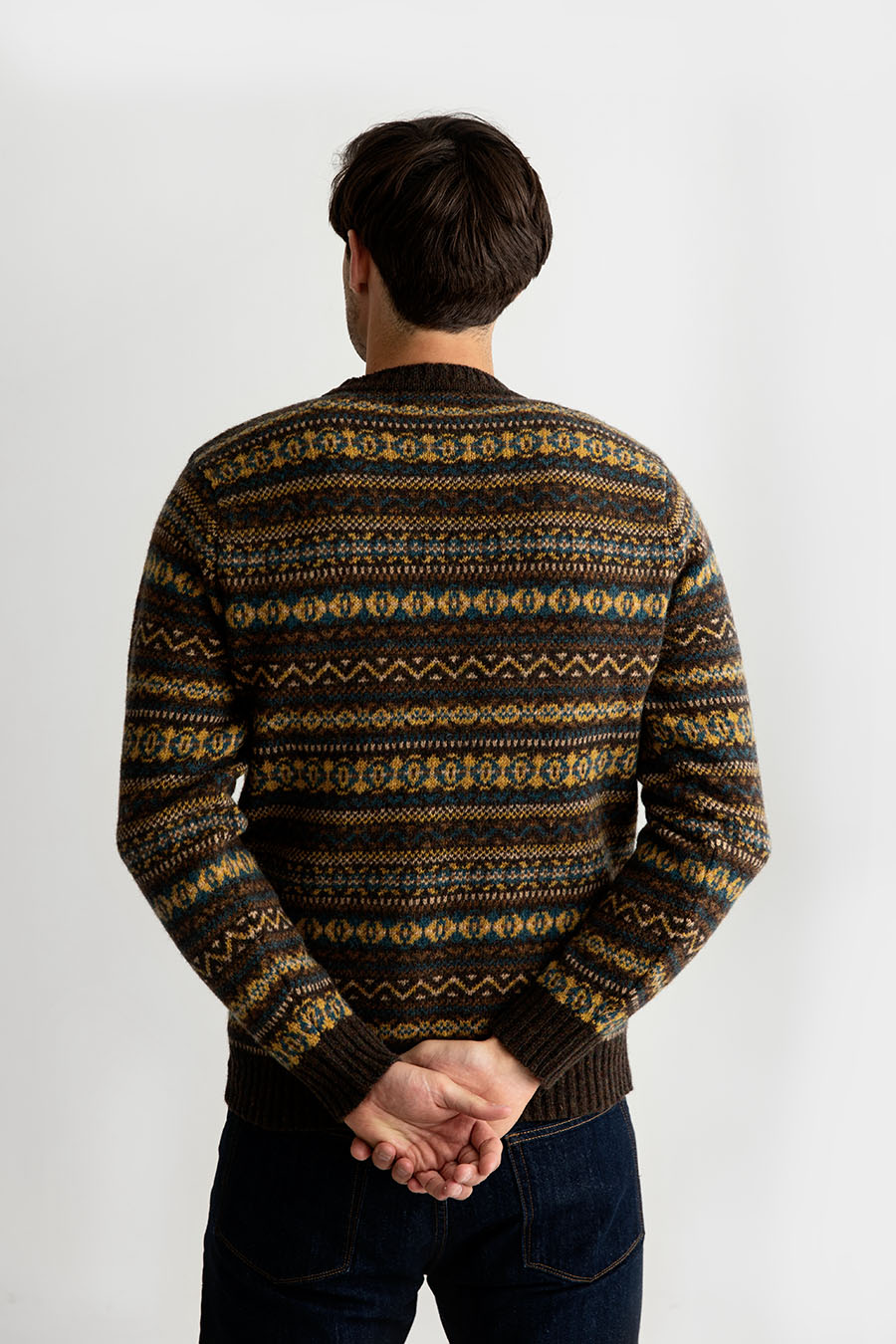 mens fair isle jumper sweater wool brown yellow teal kinnaird back