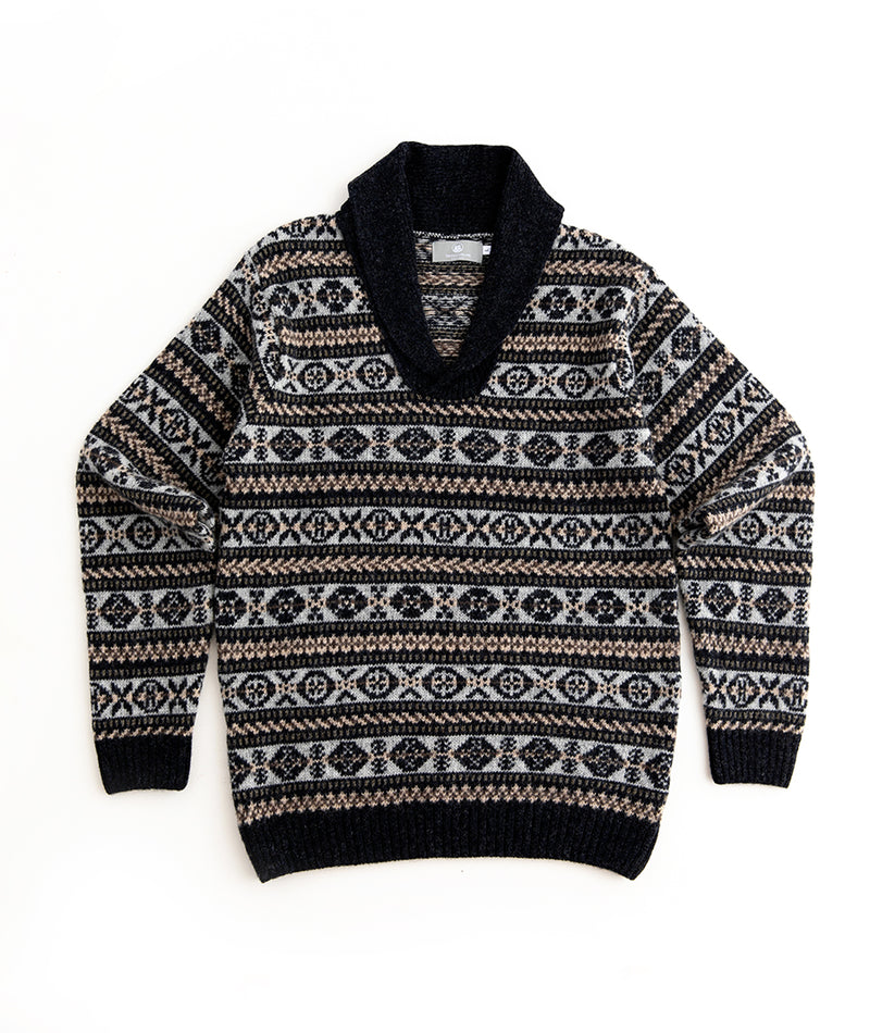 Mens fair isle wool jumper sweater shawl collar charcoal grey brown lerwick