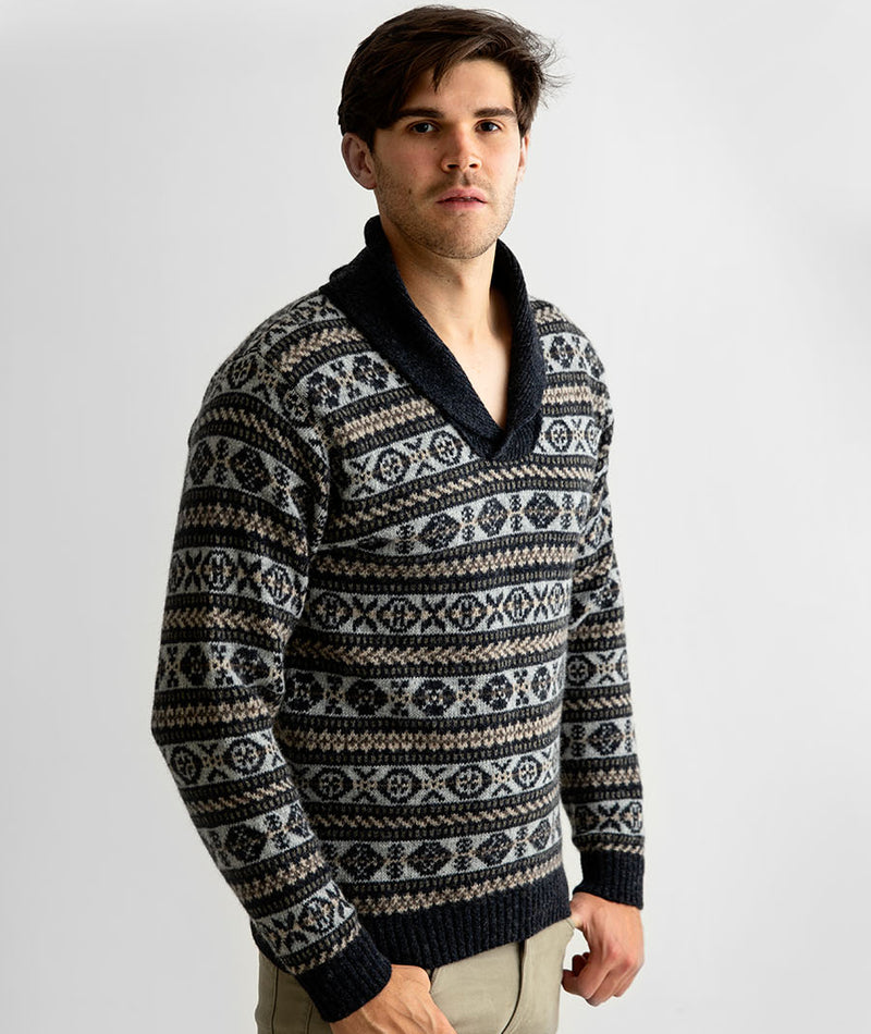 Mens fair isle wool jumper shawl collar sweater charcoal grey Lerwick