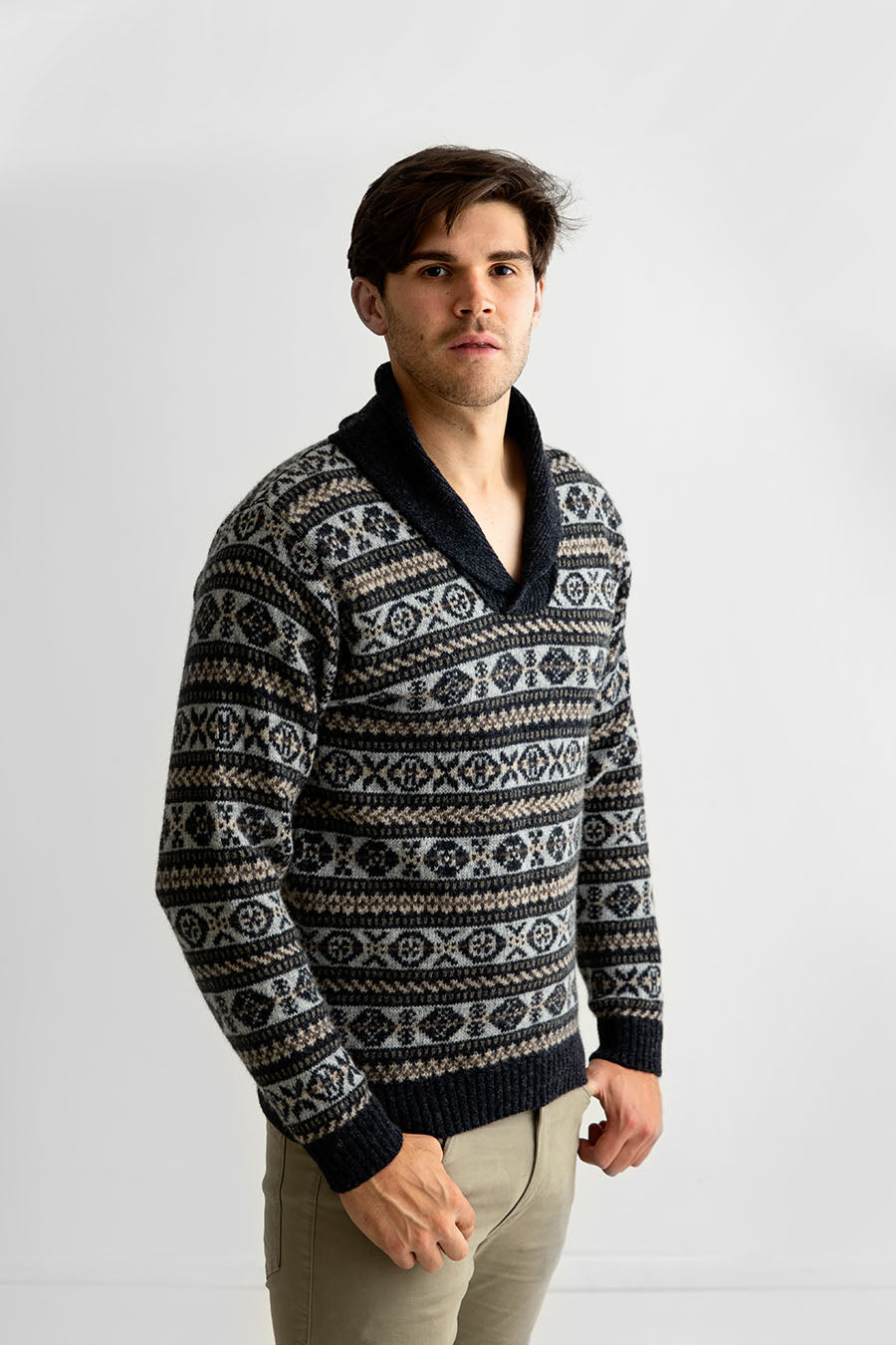 Mens fair isle wool jumper shawl collar sweater charcoal grey Lerwick