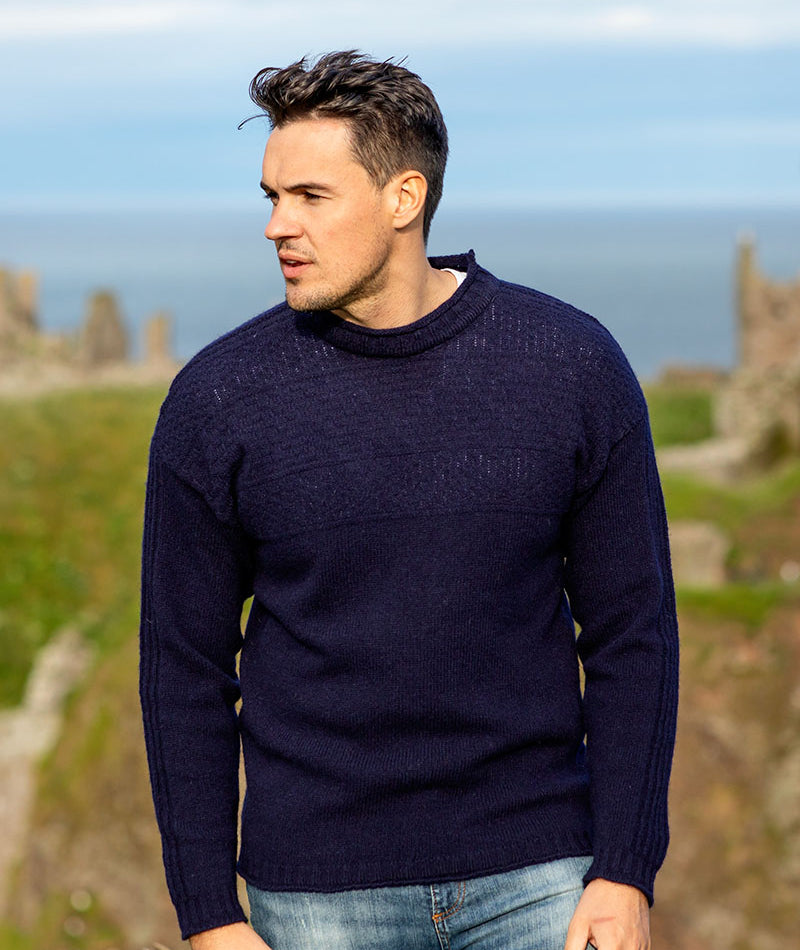 Mens navy blue gansey guernsey jumper sweater. breakwater pattern