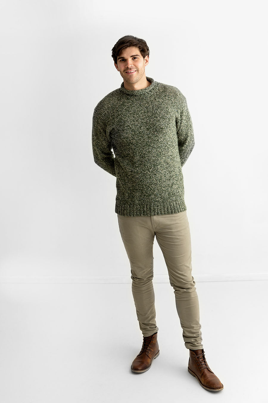 mens green roll neck jumper sweater chunky forest marl
