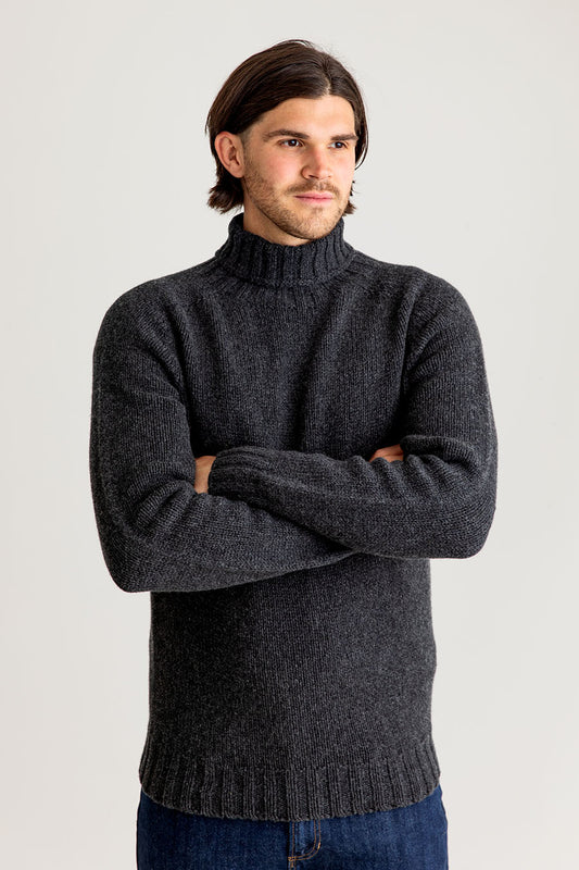 Mens grey polo neck jumper sweater chunky lambs wool geelong turtle charcoal