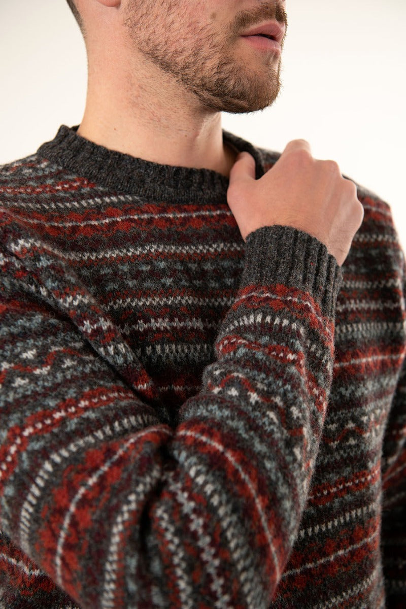 mens grey red shetland wool fair isle jumper sweater kinnaird