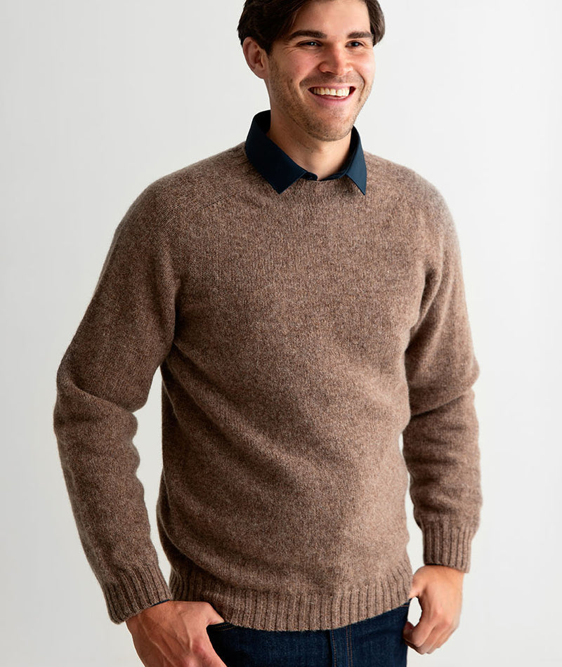 mens light brown shetland wool jumper sweater saddle shoulder nutmeg