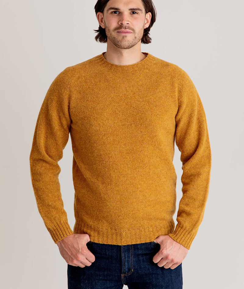 mens mustard yellow shetland wool jumper sweater crew neck saddle shoulder