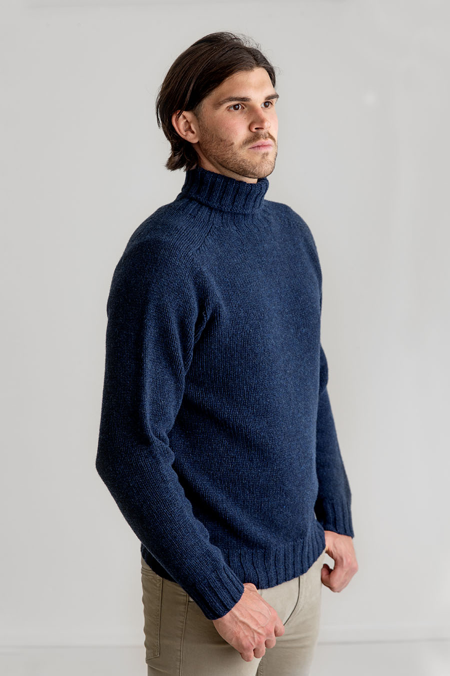mens navy blue chunky lambs wool turtle neck sweater polo jumper
